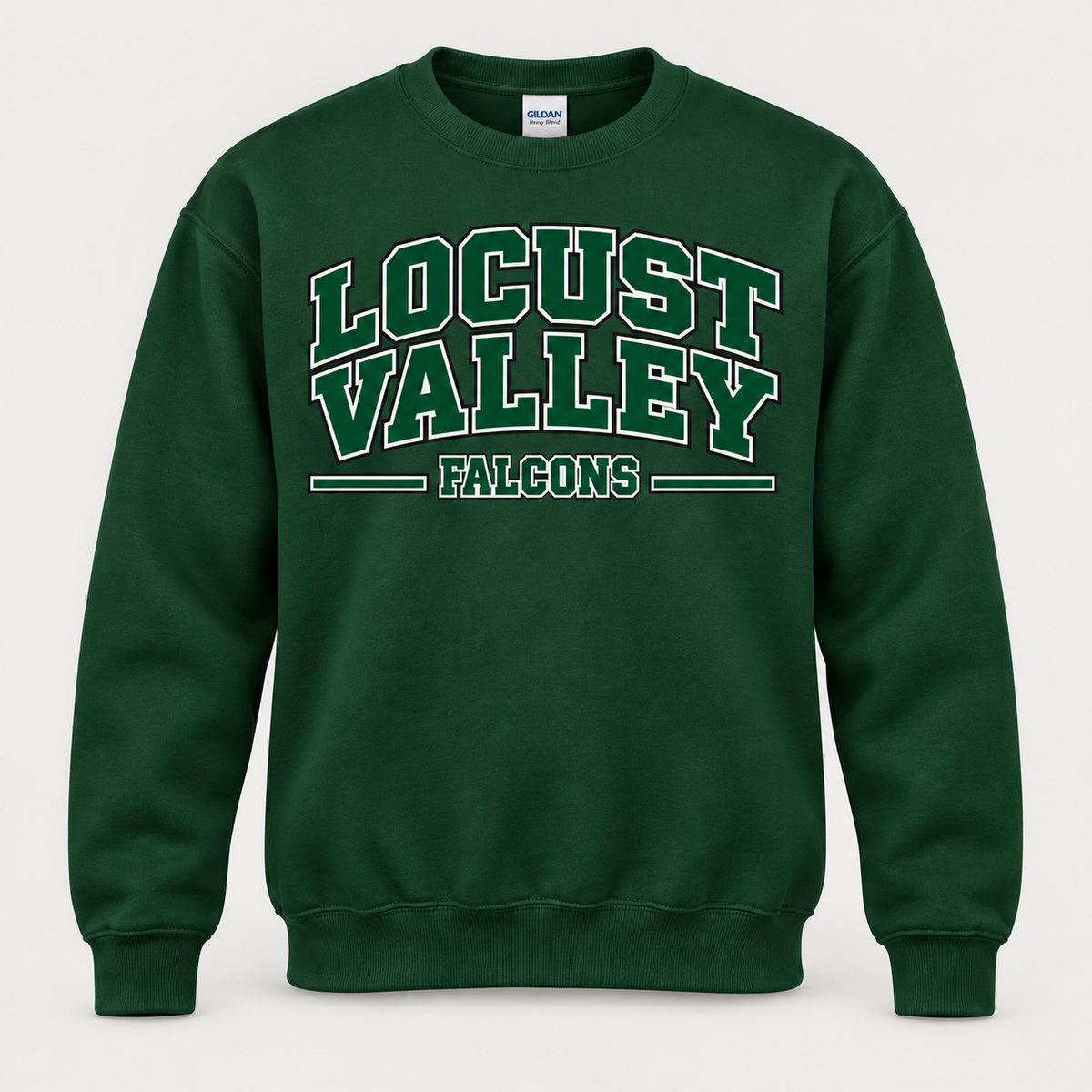 Digital mockup: Forest Locust Valley Heritage Varsity Crewneck, front view