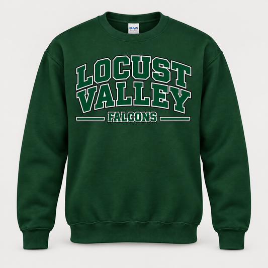 Digital mockup: Forest Locust Valley Heritage Varsity Crewneck, front view