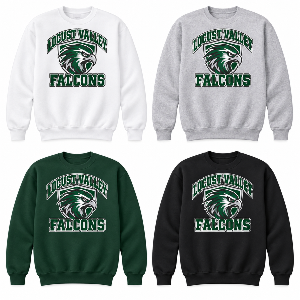 Locust Valley Falcon Shield Crewneck: White, Sport Grey, Forest, Black; front DTF print