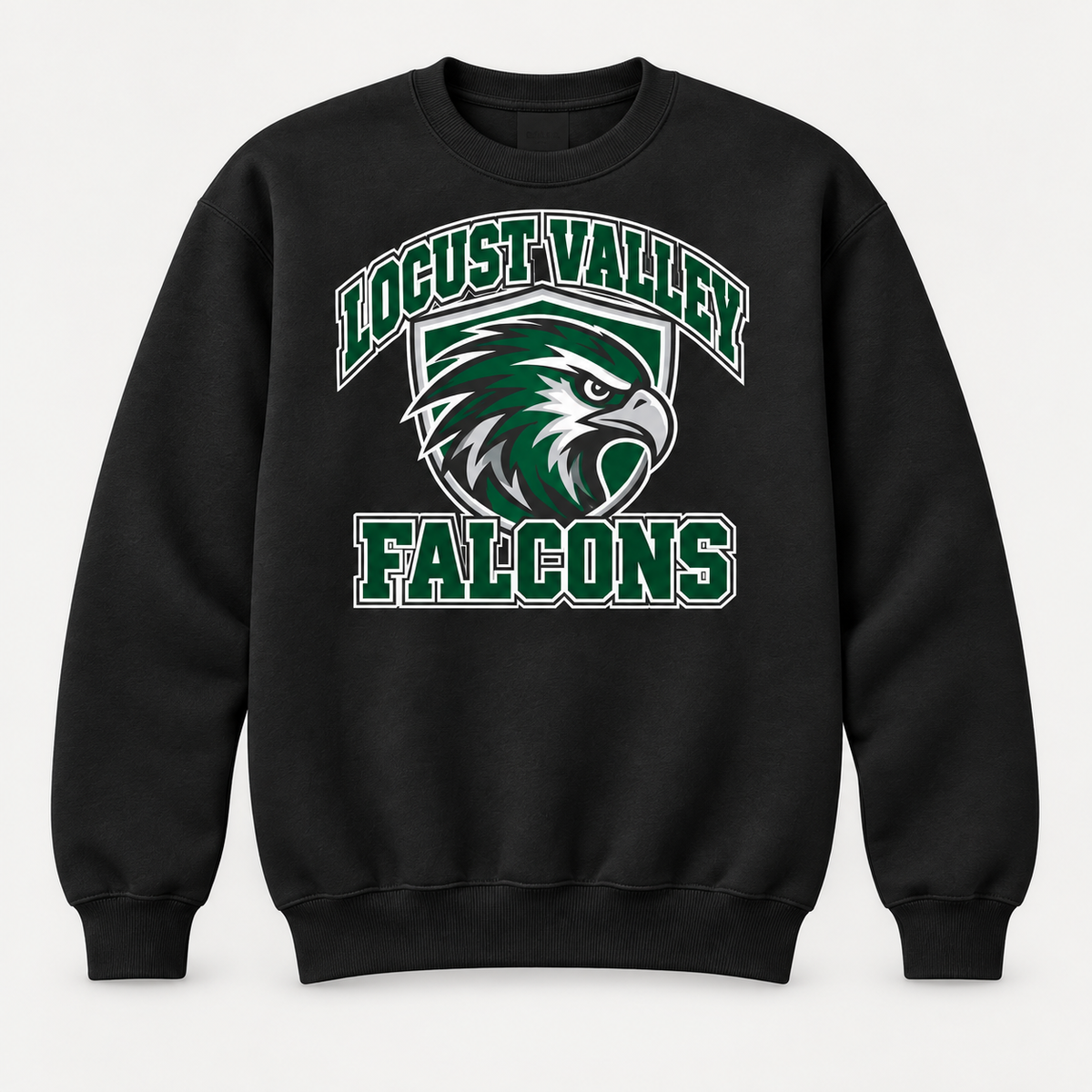 Digital mockup: Black Locust Valley Falcon Shield Crewneck, front view