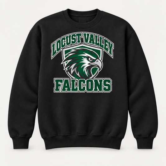 Digital mockup: Black Locust Valley Falcon Shield Crewneck, front view