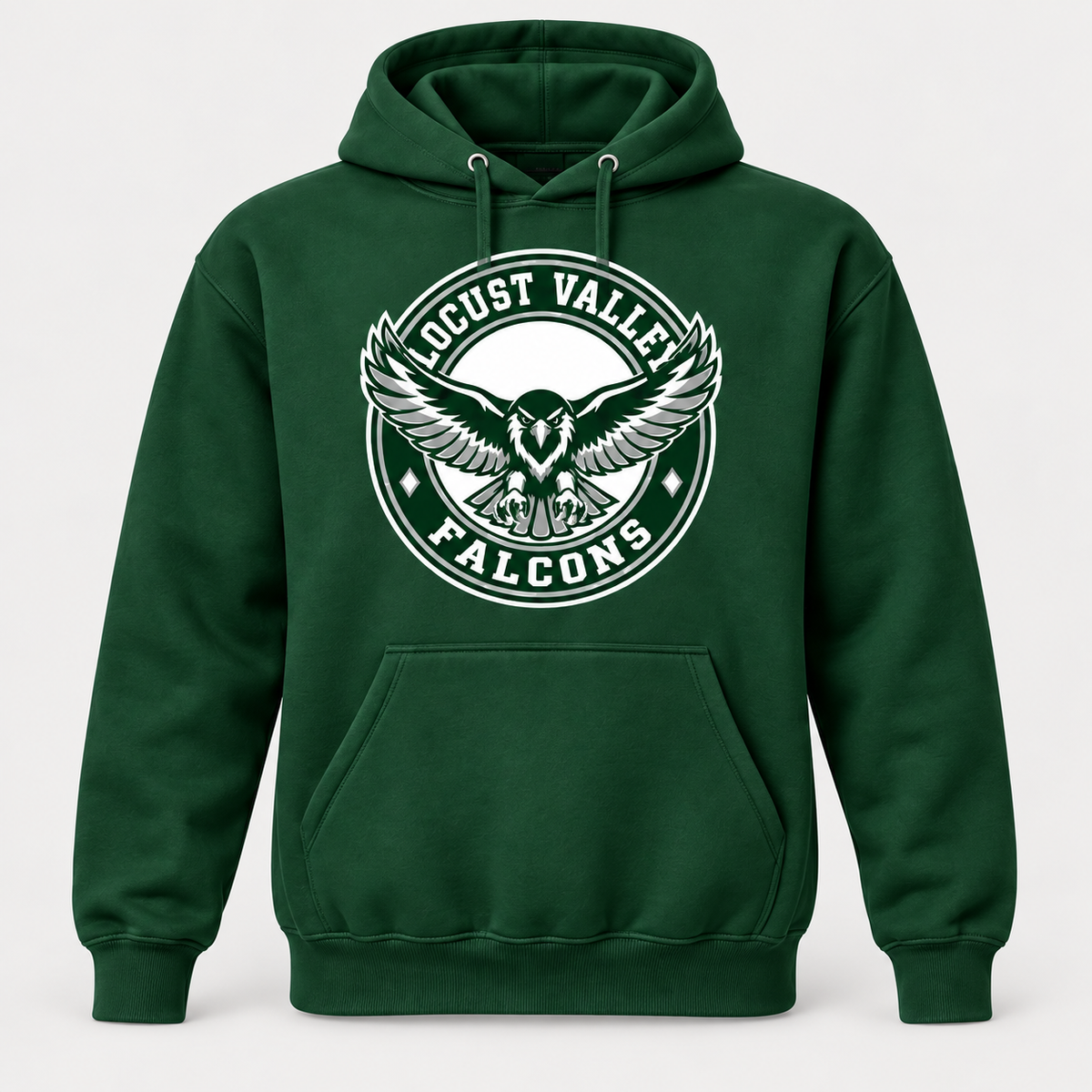 Digital mockup: Forest Locust Valley Flight Seal Hoodie, front view