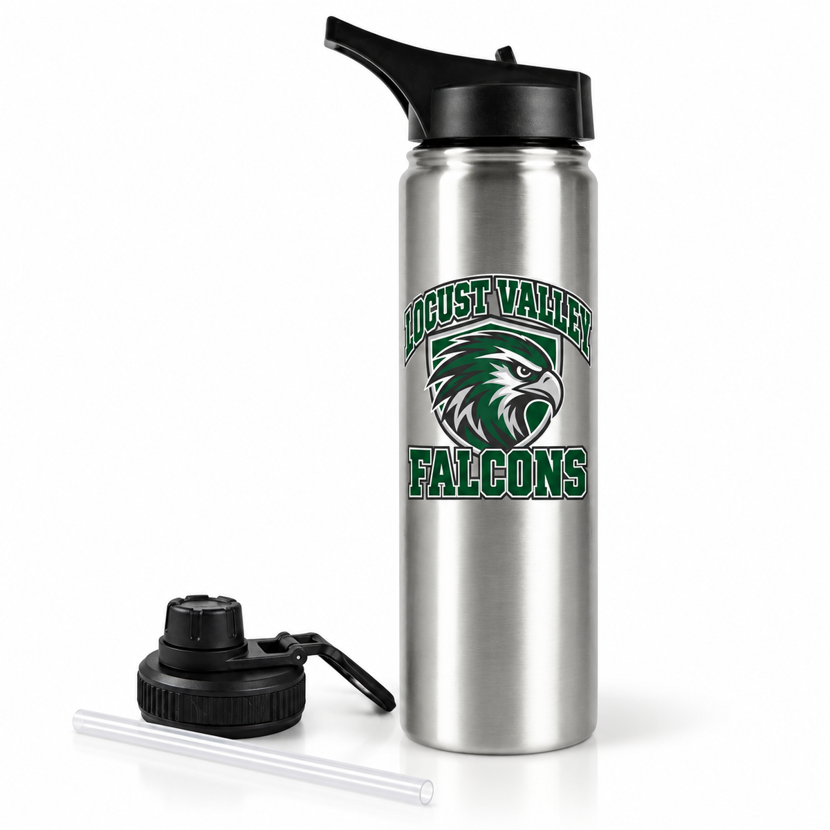 Locust Valley Falcon Shield 25 oz stainless water bottle mockup with two lids and straw
