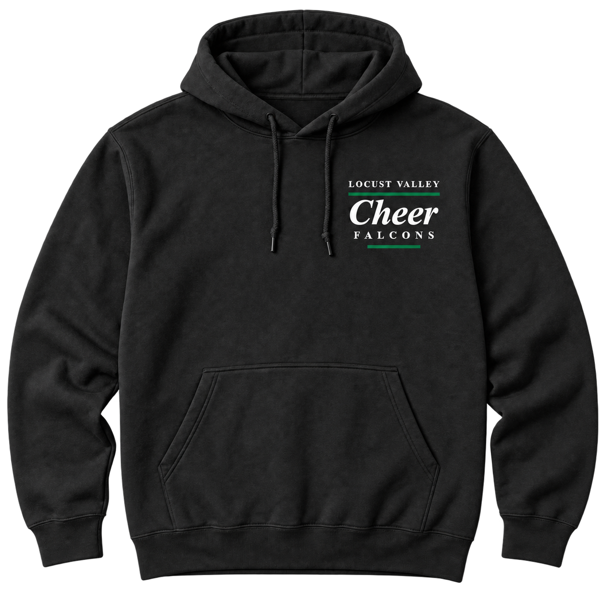 Locust Valley Falcons Cheer adult black hoodie with white and green left-chest print, single front view
