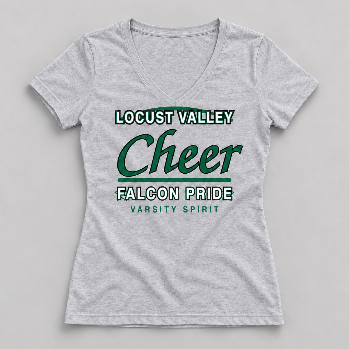 Locust Valley Falcons Cheer women's varsity script V-neck T-shirt in Athletic Heather, front view
