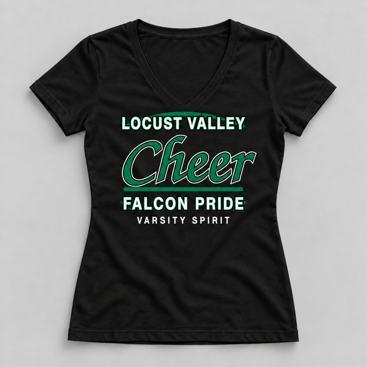 Locust Valley Falcons Cheer women's varsity script V-neck T-shirt in Jet Black, front view