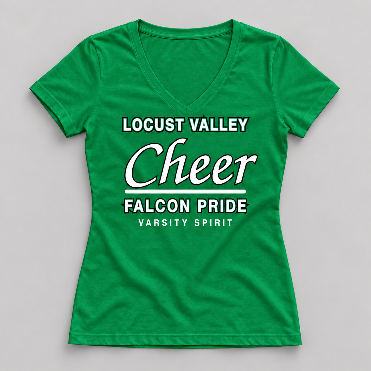 Locust Valley Falcons Cheer women's varsity script V-neck T-shirt in Kelly, front view