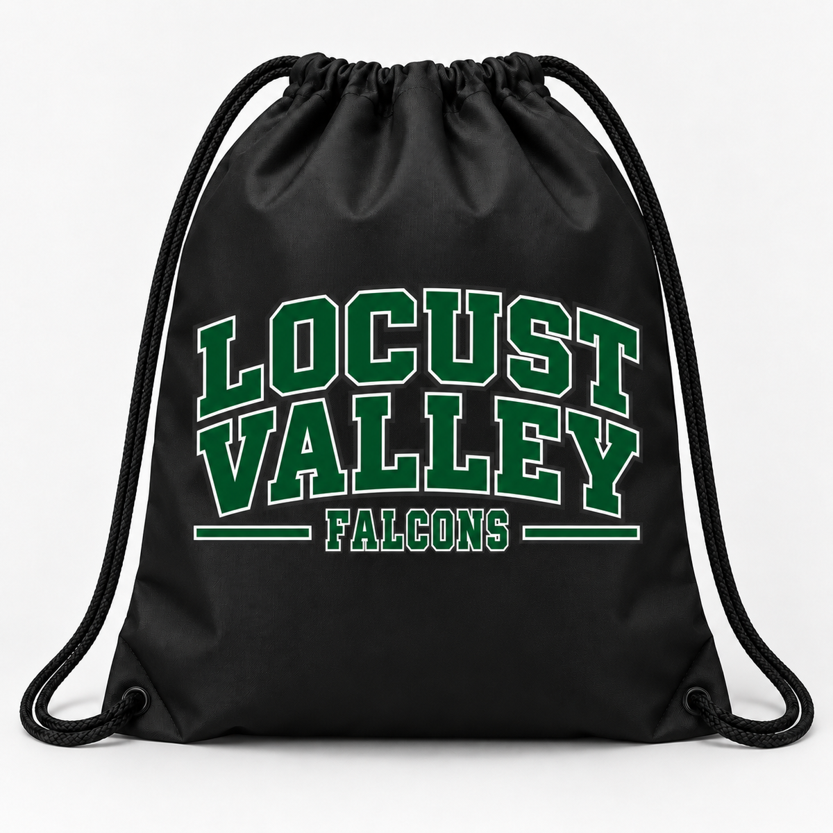 Locust Valley Heritage Varsity draw bag in black — digital mockup