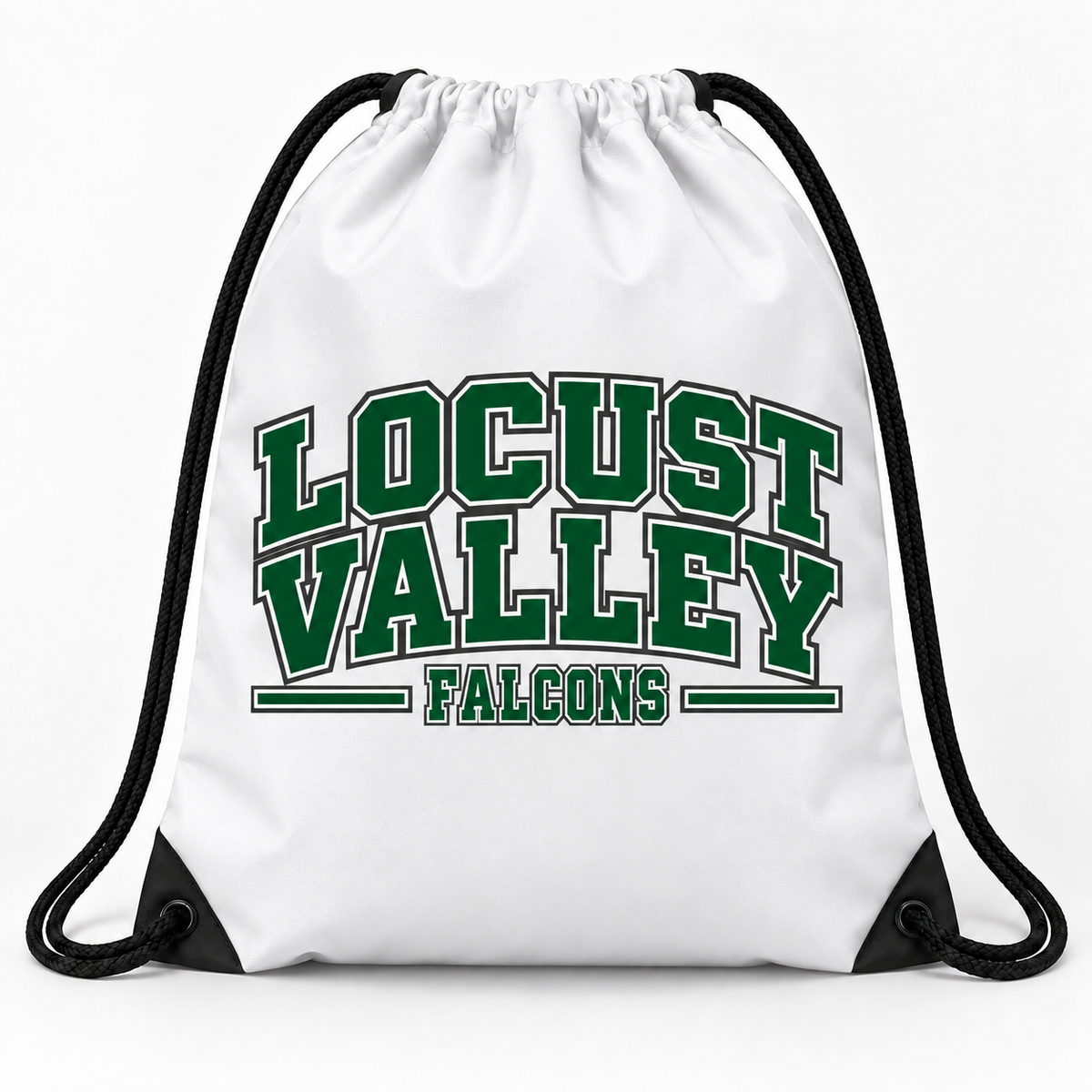 Locust Valley Heritage Varsity draw bag in white — digital mockup