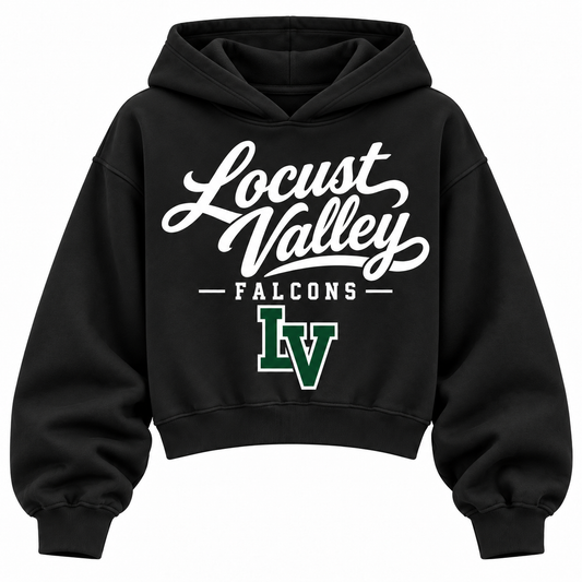 Locust Valley Falcons black cropped hoodie with heritage school script and varsity monogram on front