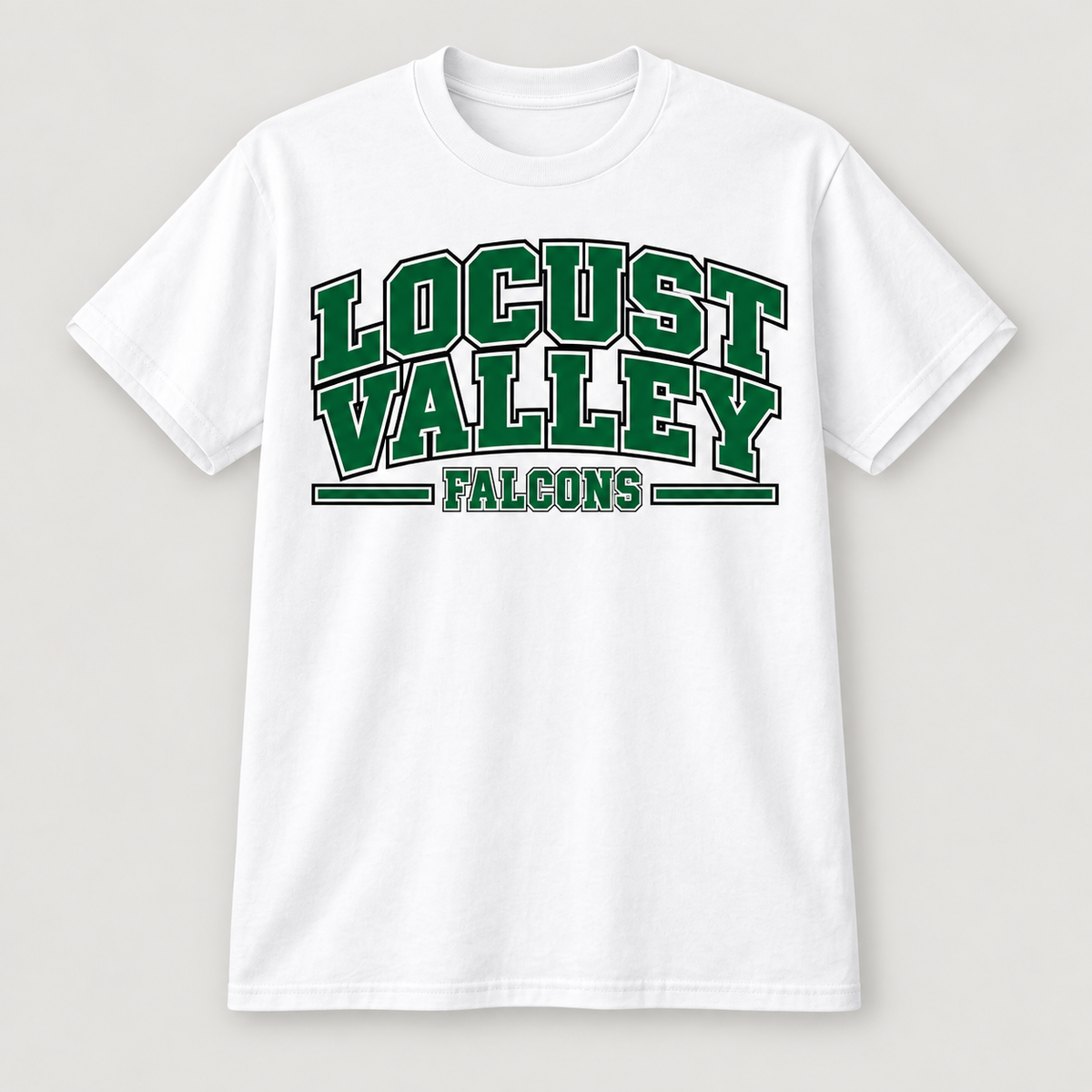 Digital mockup: white Locust Valley Heritage Varsity Tee, front view
