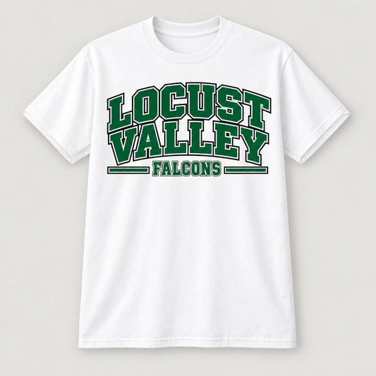 Digital mockup: white Locust Valley Heritage Varsity Tee, front view