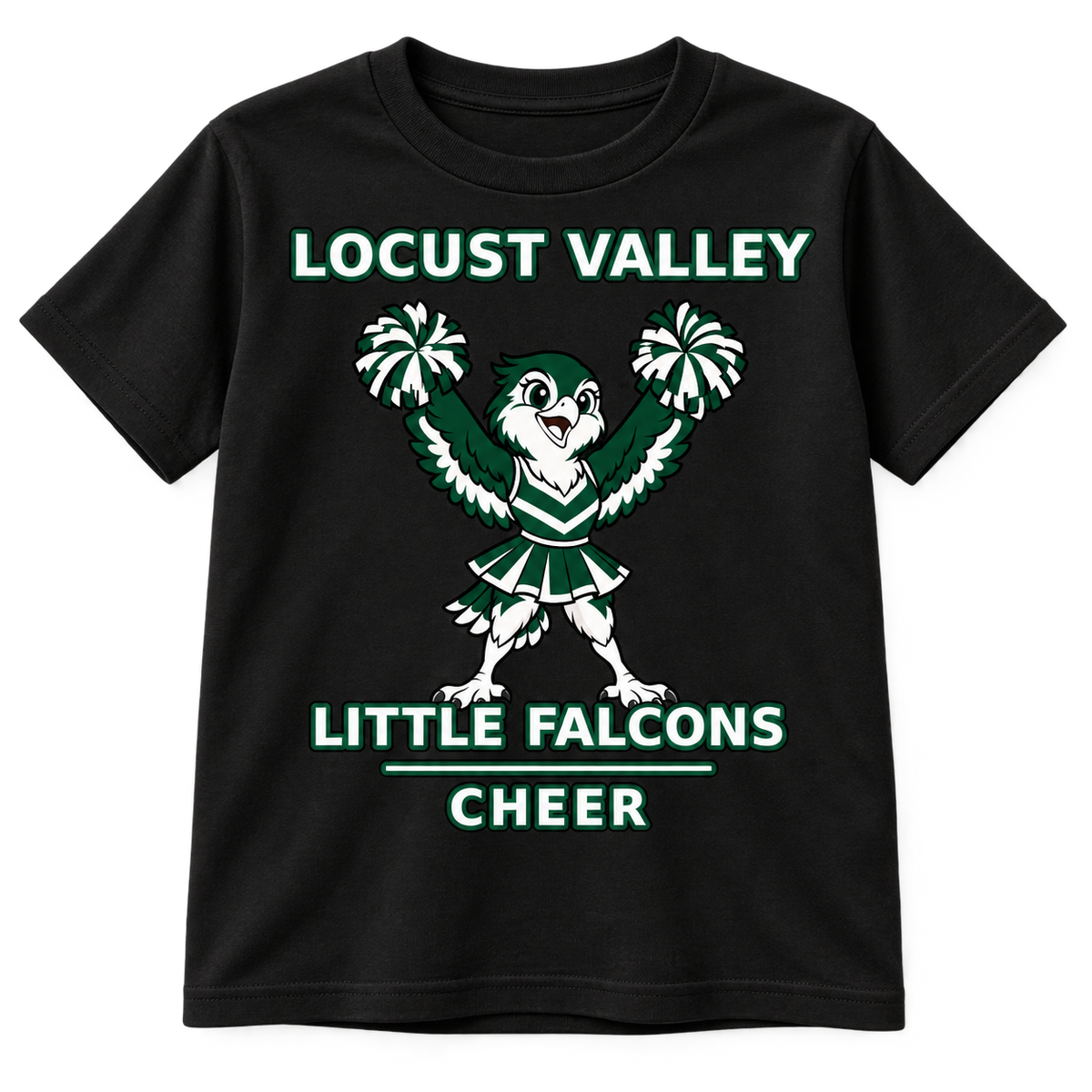 Locust Valley Little Falcons Cheer youth T-shirt in black, front view