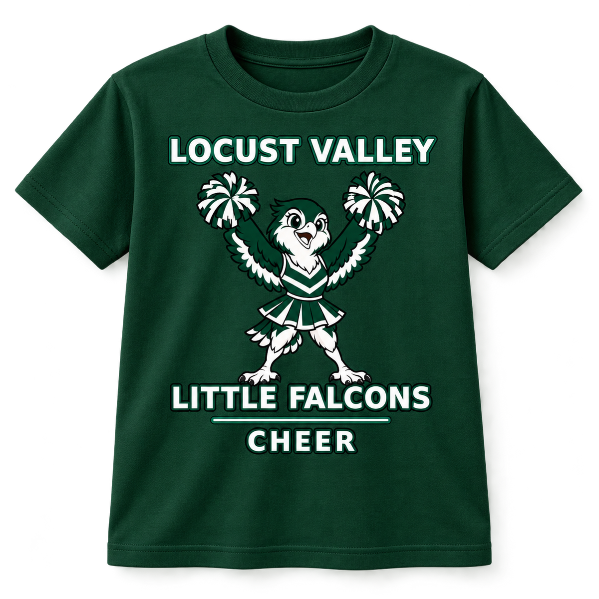 Locust Valley Little Falcons Cheer youth T-shirt in forest green, front view