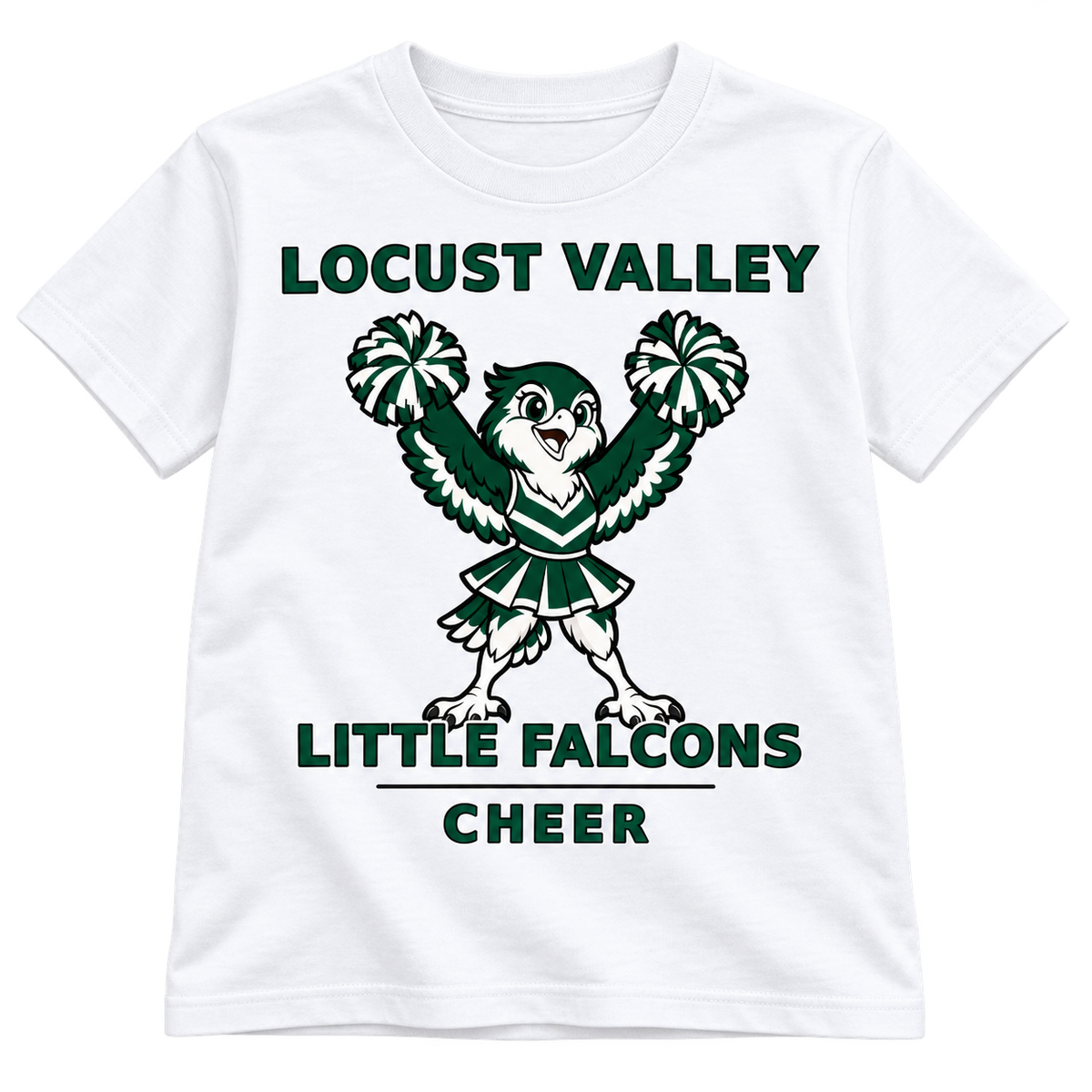 Locust Valley Little Falcons Cheer youth T-shirt in white, front view