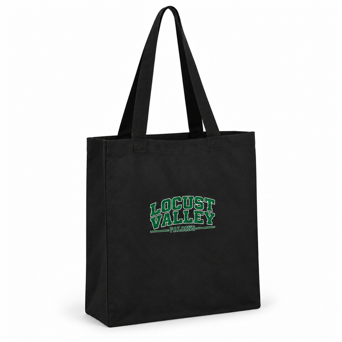 Digital mockup: three-quarter front view of black Locust Valley cotton-canvas tote showing gusset and printed front