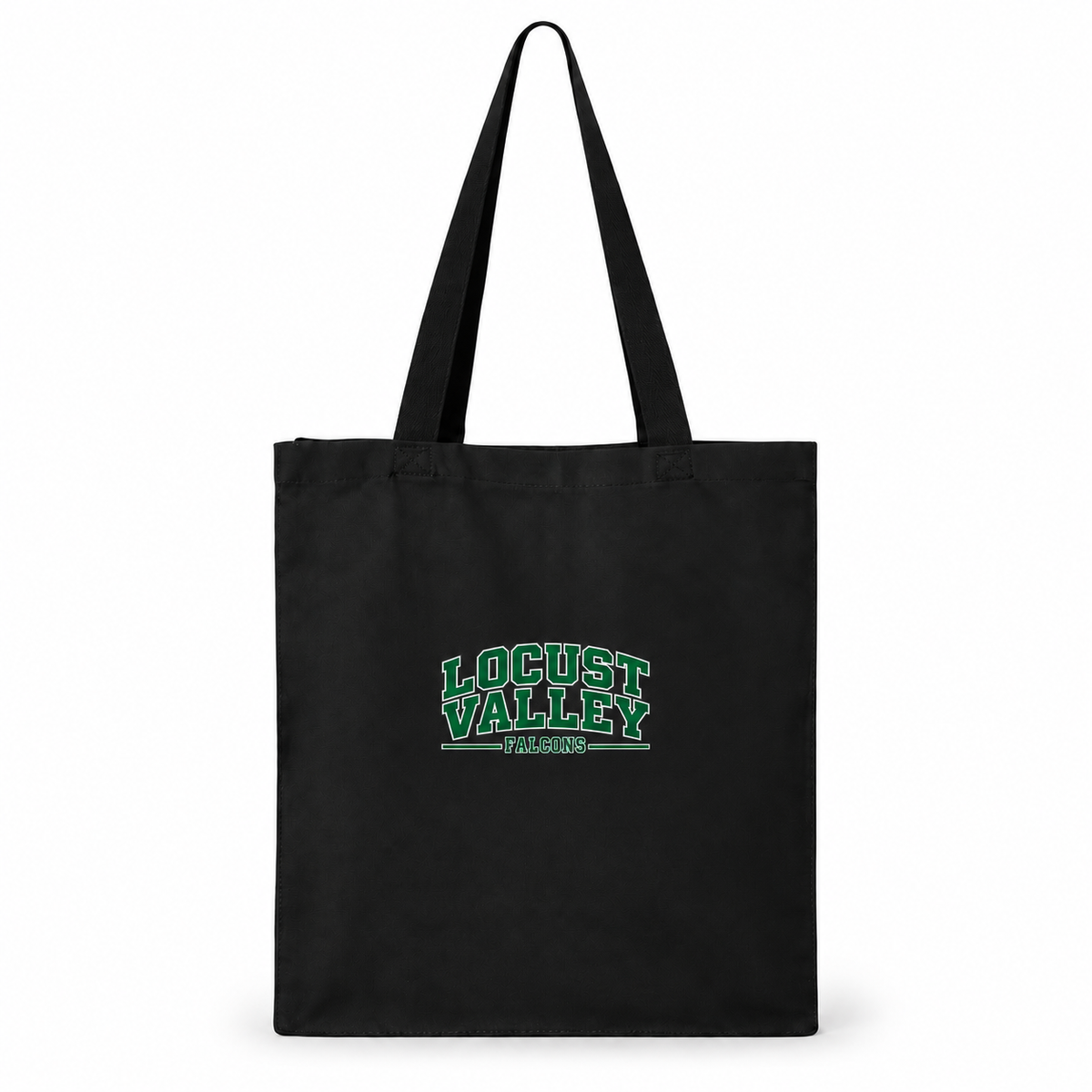 Digital mockup: black Locust Valley Heritage Varsity Q125300 cotton-canvas tote, front view with compact green-and-white print