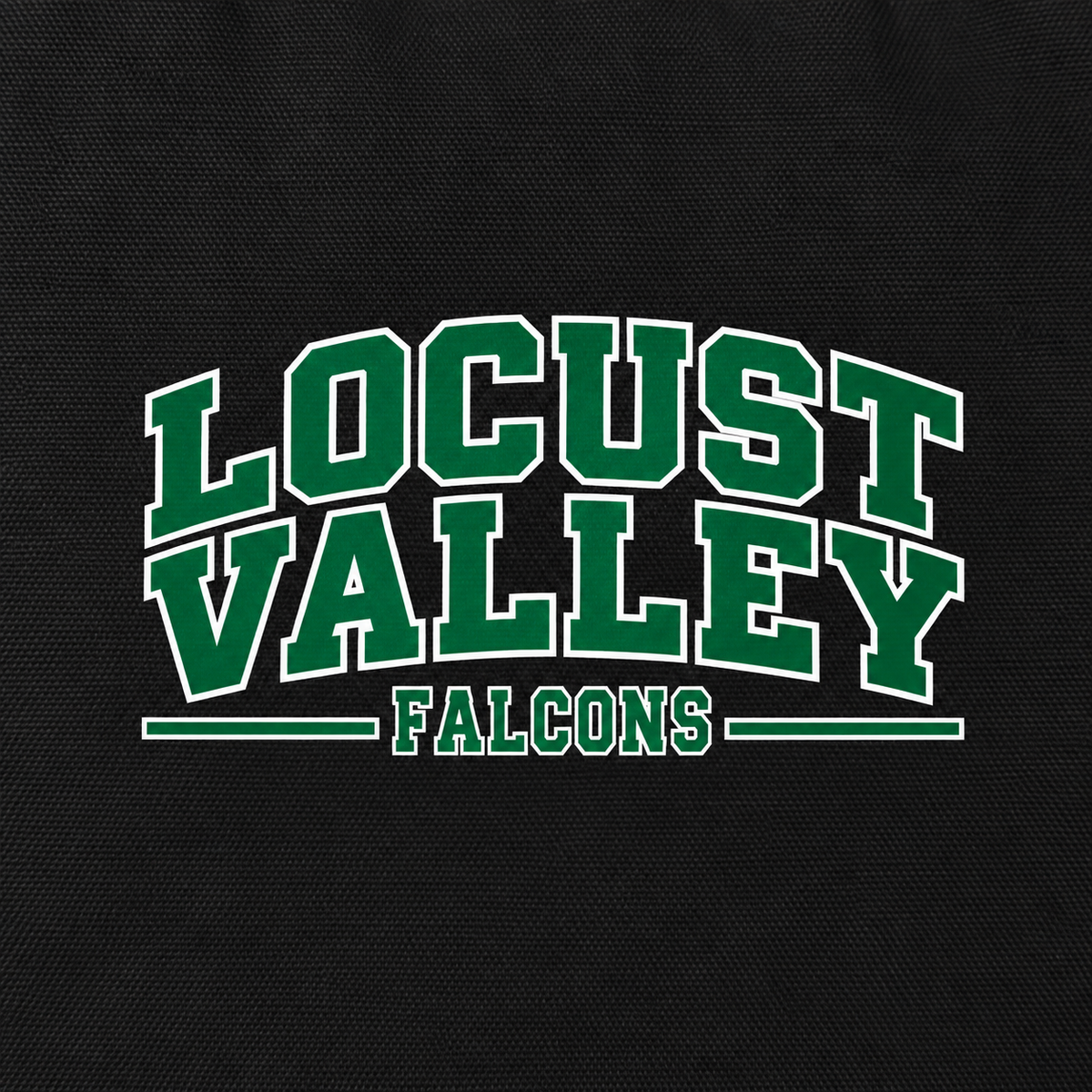 Digital mockup detail: green Locust Valley Falcons varsity lettering with white outlines and flat print on black canvas