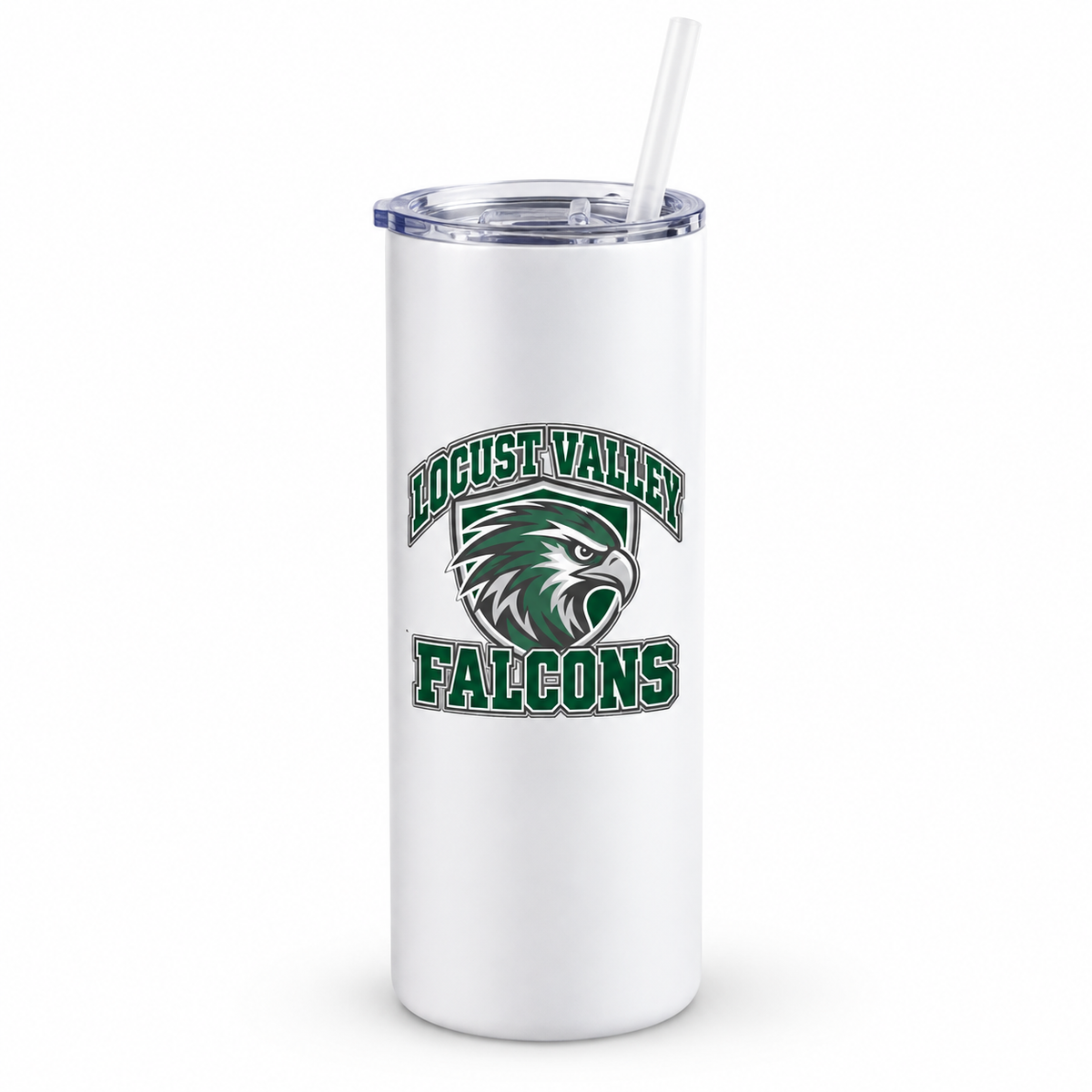 Locust Valley Falcon Shield 20 oz white skinny tumbler mockup with clear lid and straw