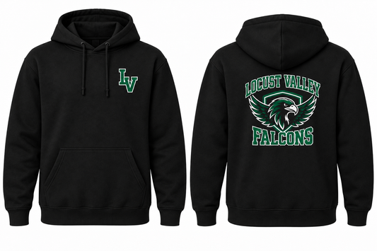 LOCUST VALLEY FALCONS black hoodie front and back