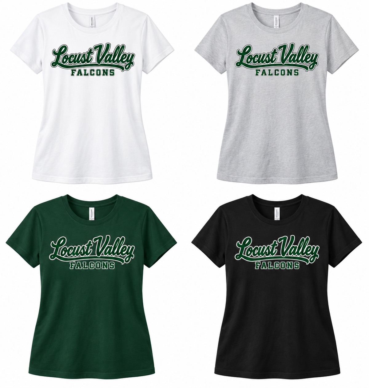 Locust Valley Women's Sideline Script Relaxed Tee: White, Silver, Forest, Black; front DTF print