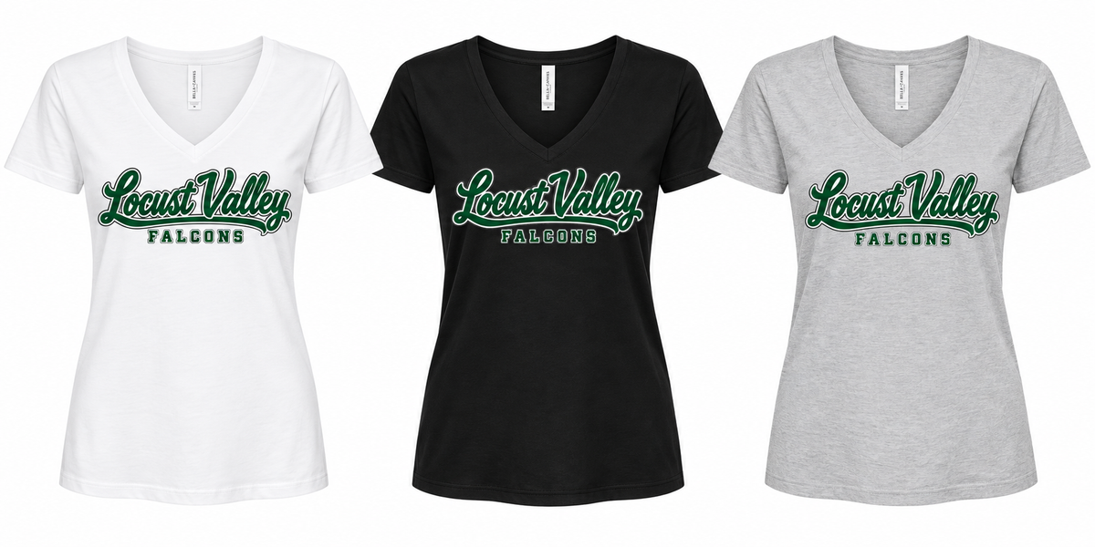 Locust Valley Women's Sideline Script V-Neck: White, Black, Silver; front DTF print