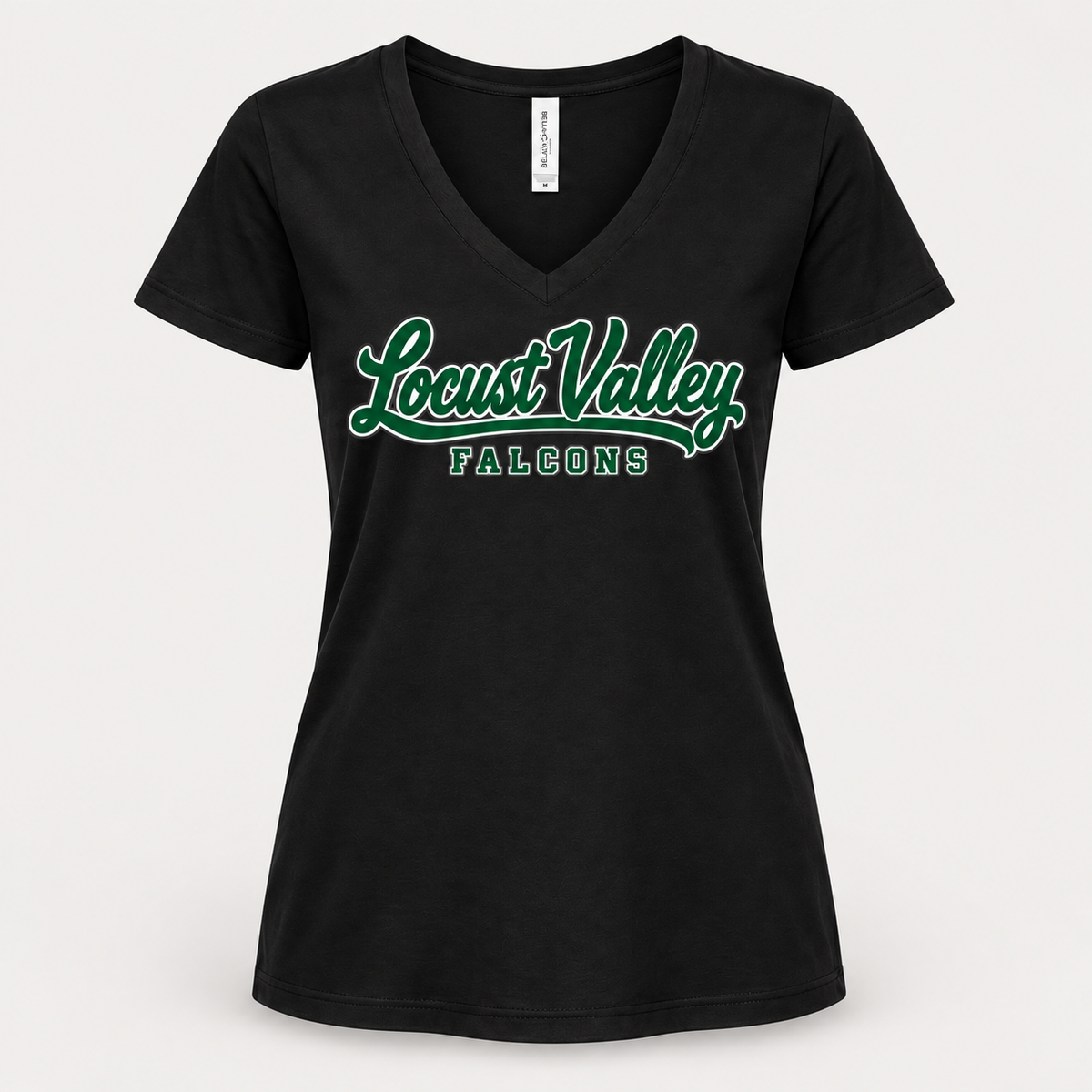 Digital mockup: Black Locust Valley Women's Sideline Script V-Neck, front view