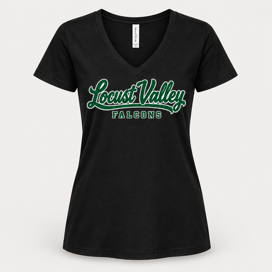 Digital mockup: Black Locust Valley Women's Sideline Script V-Neck, front view