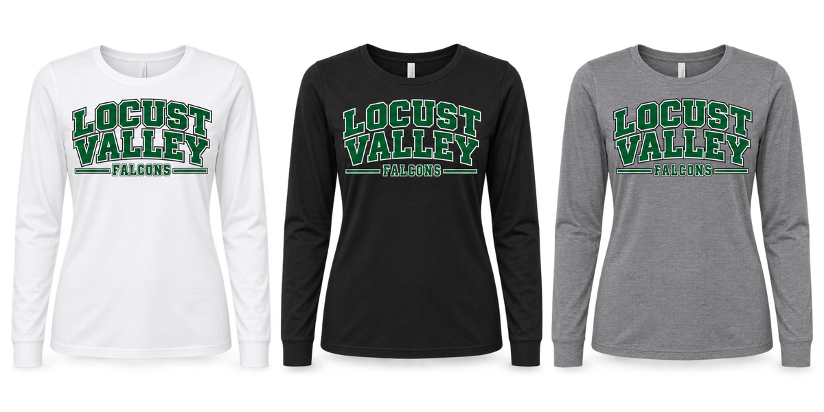 Locust Valley Women's Heritage Varsity Long Sleeve: White, Black, Deep Heather; front DTF print