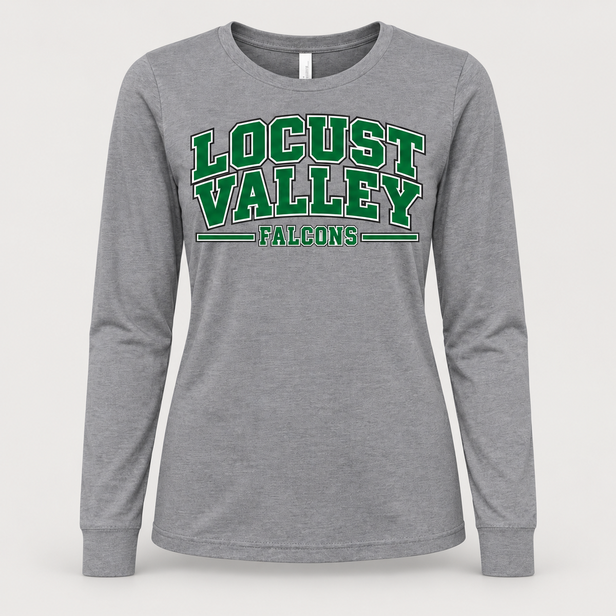 Digital mockup: Deep Heather Locust Valley Women's Heritage Varsity Long Sleeve, front view