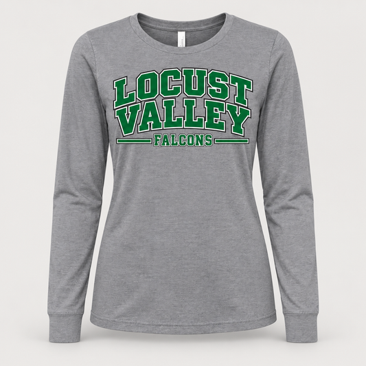 Digital mockup: Deep Heather Locust Valley Women's Heritage Varsity Long Sleeve, front view