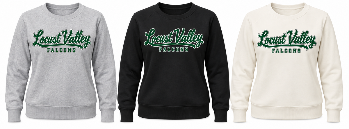 Locust Valley Women's Sideline Script Crewneck: Light Heather Grey, Black, Gardenia; front DTF print