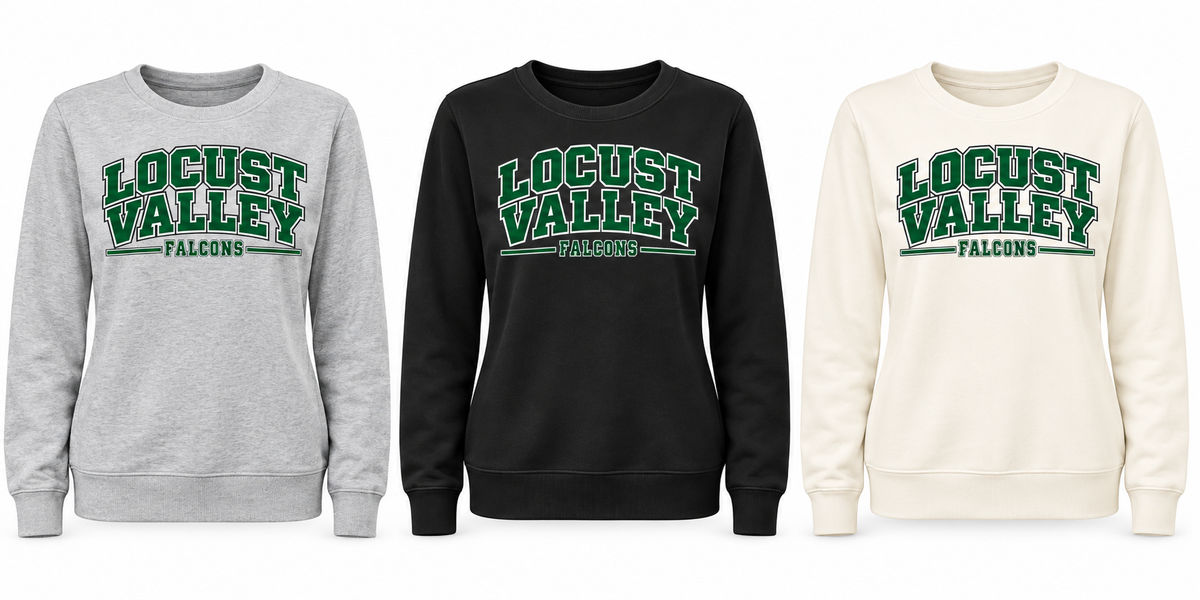 Locust Valley Women's Heritage Varsity Crewneck: Light Heather Grey, Black, Gardenia; front DTF print