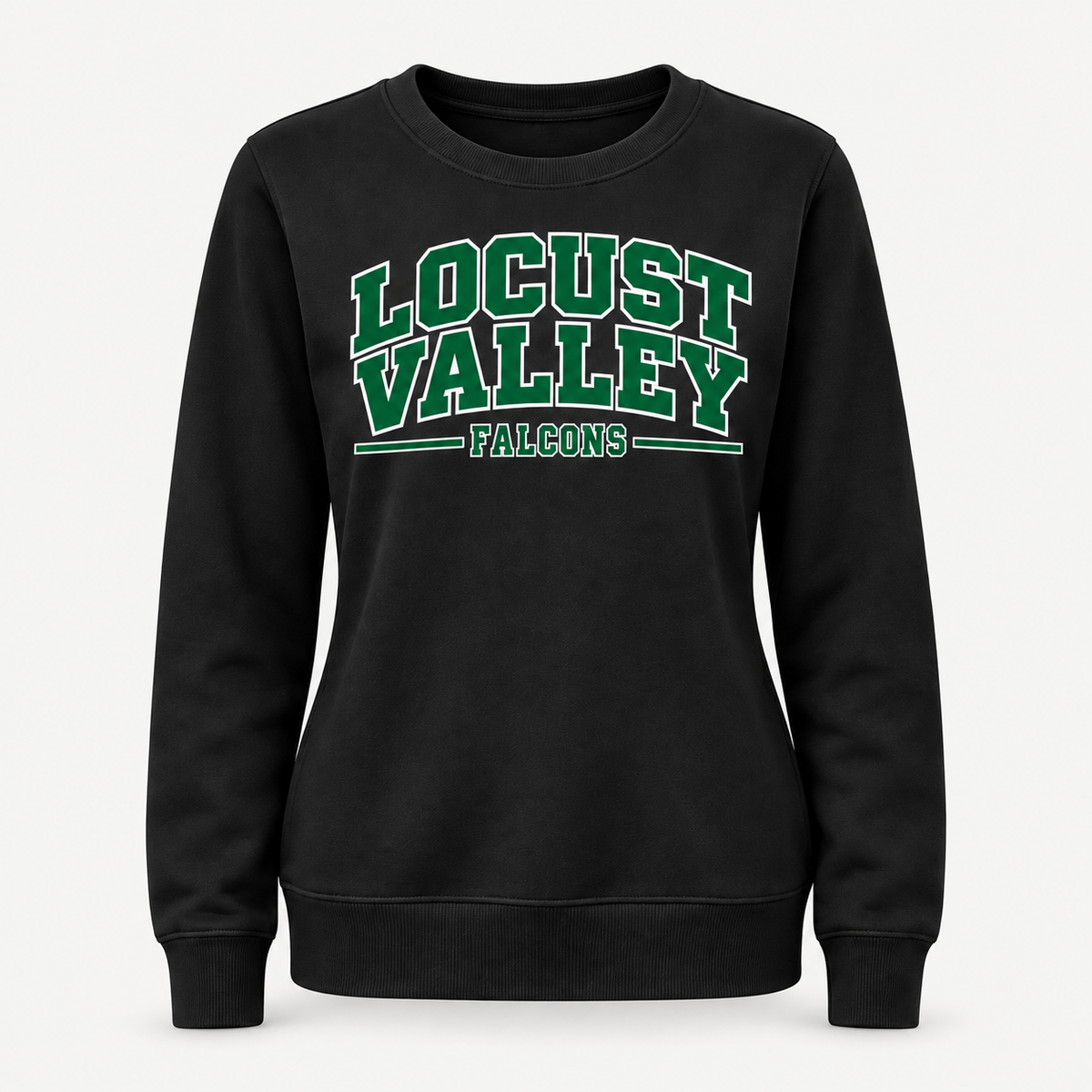 Digital mockup: Black Locust Valley Women's Heritage Varsity Crewneck, front view