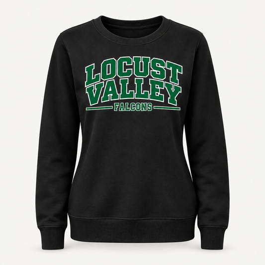 Digital mockup: Black Locust Valley Women's Heritage Varsity Crewneck, front view