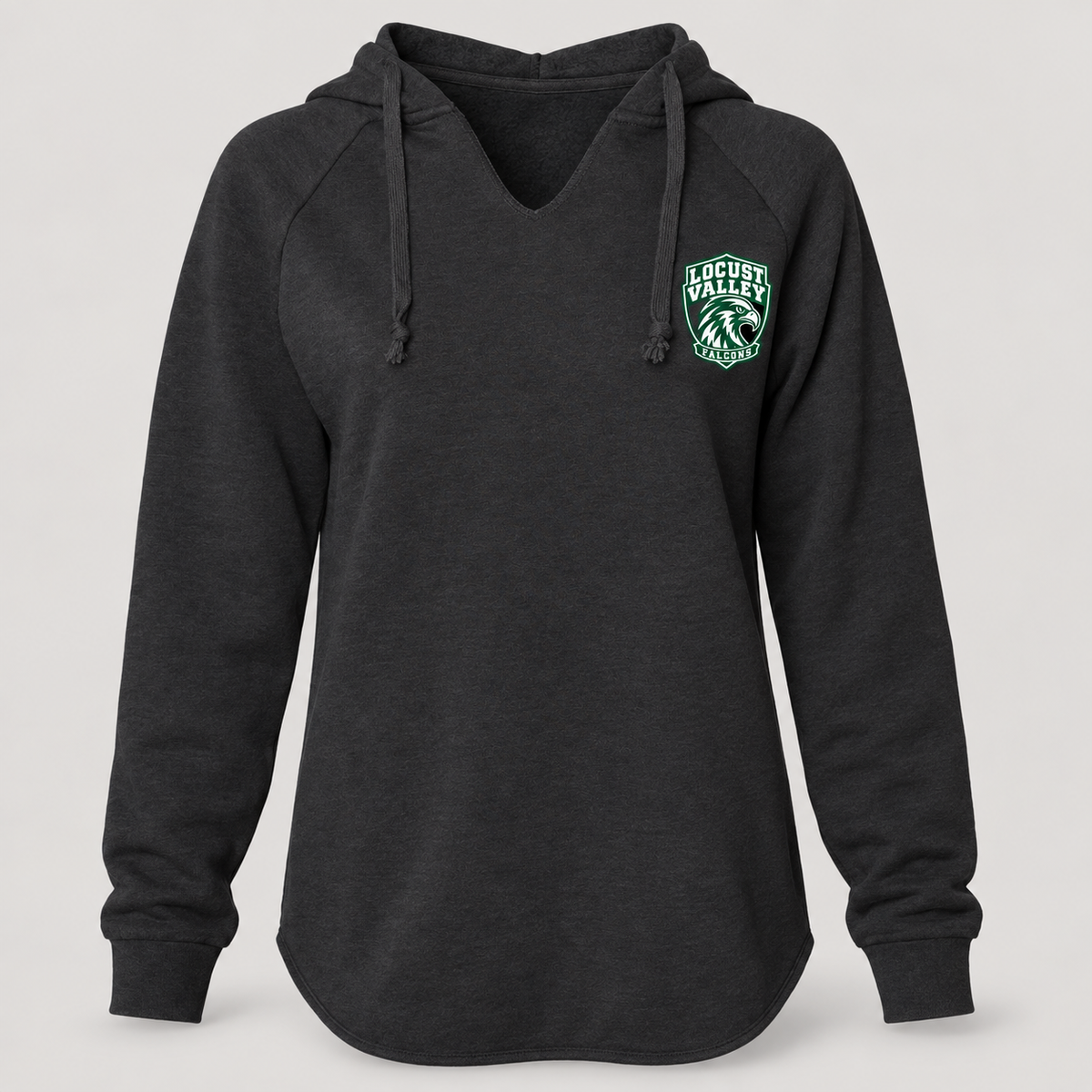 Locust Valley women's Falcon Crest hooded pullover in Black, front view with forest-green and white left-chest crest