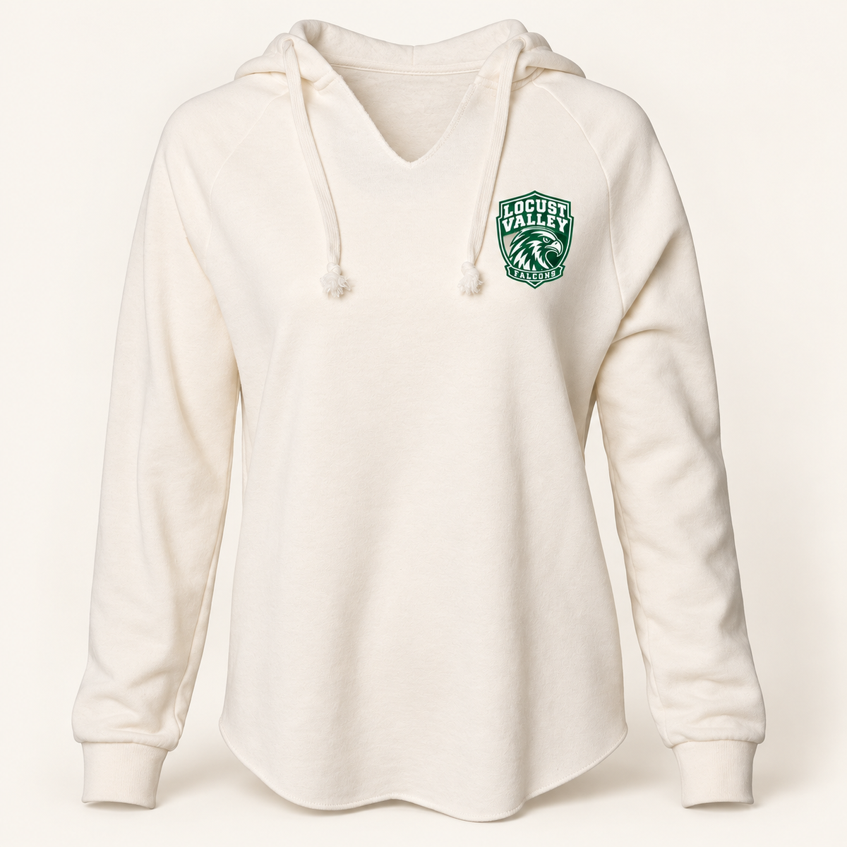 Locust Valley women's Falcon Crest hooded pullover in Bone, front view with forest-green and white left-chest crest