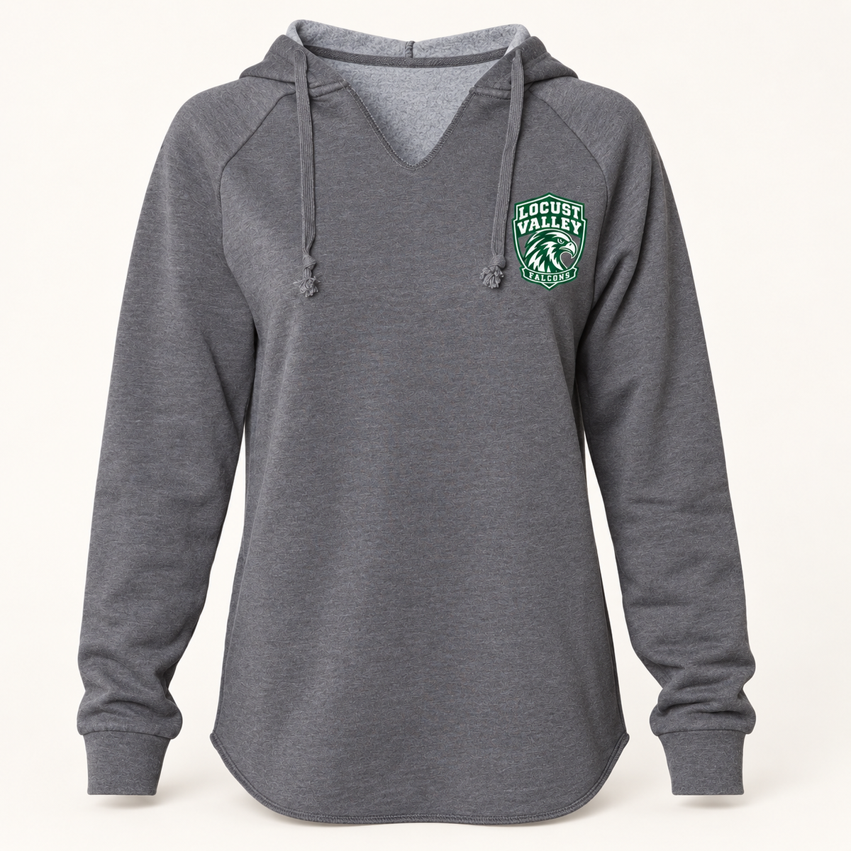 Locust Valley women's Falcon Crest hooded pullover in Shadow, front view with forest-green and white left-chest crest
