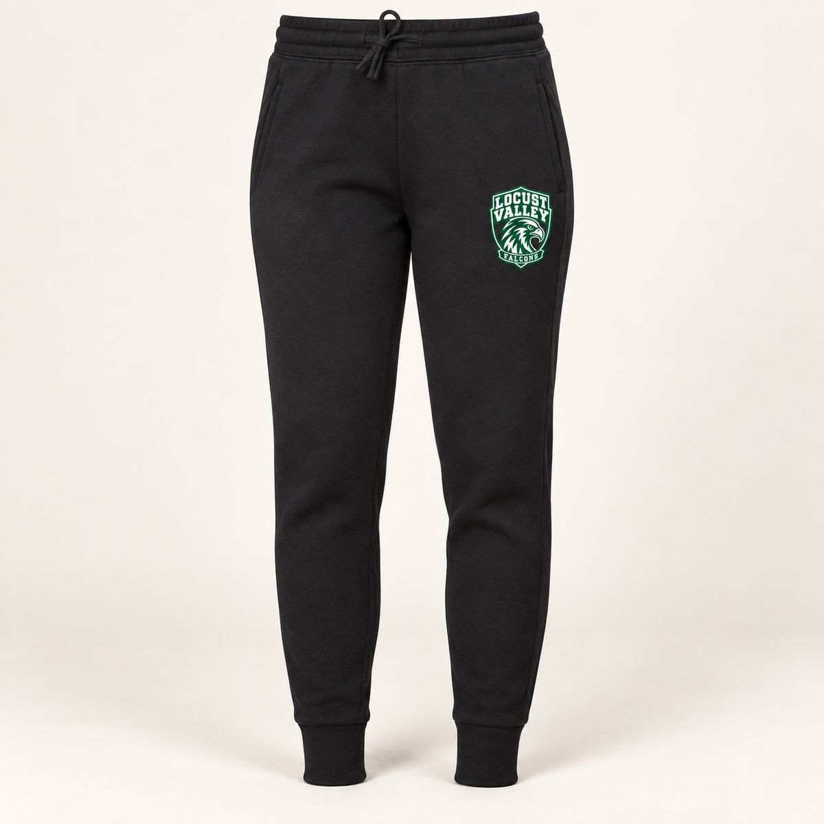 Locust Valley women's Falcon Crest joggers in Black, front view with forest-green and white left-leg crest