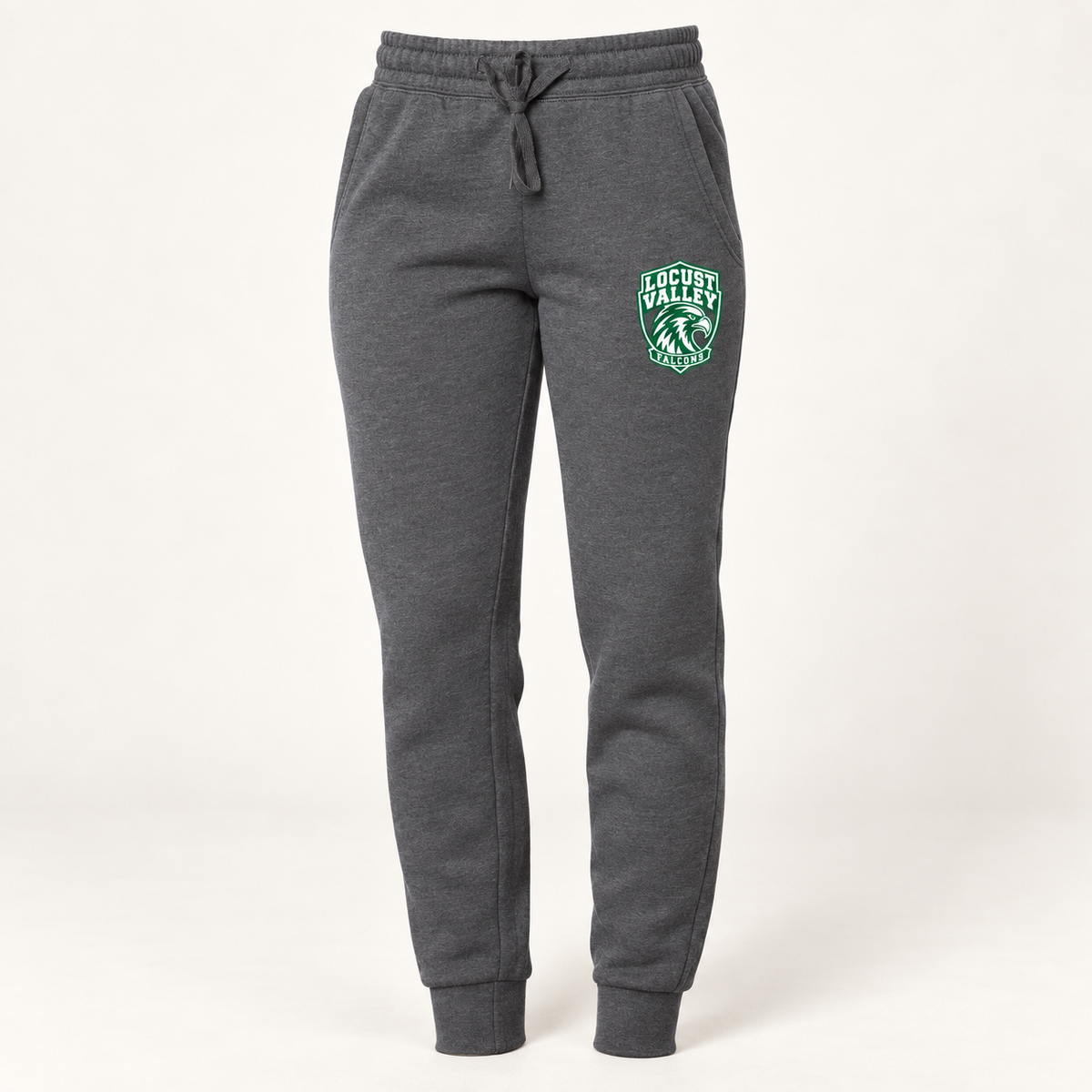 Locust Valley women's Falcon Crest joggers in Shadow, front view with forest-green and white left-leg crest