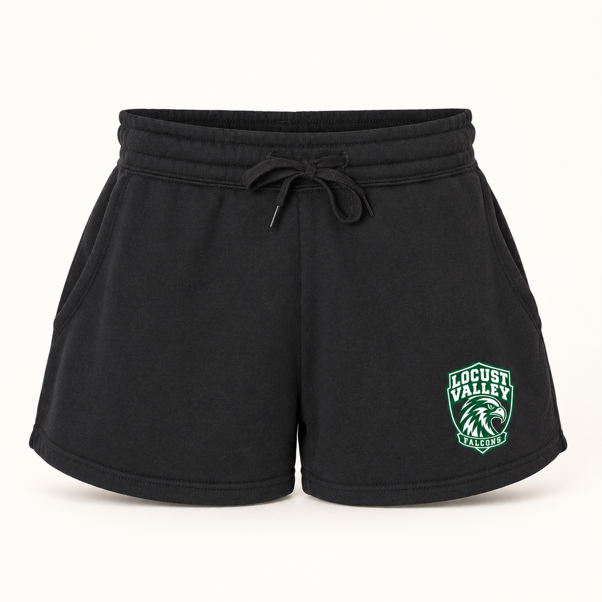 Locust Valley women's Falcon Crest fleece shorts in Black, front view with forest-green and white left-leg crest