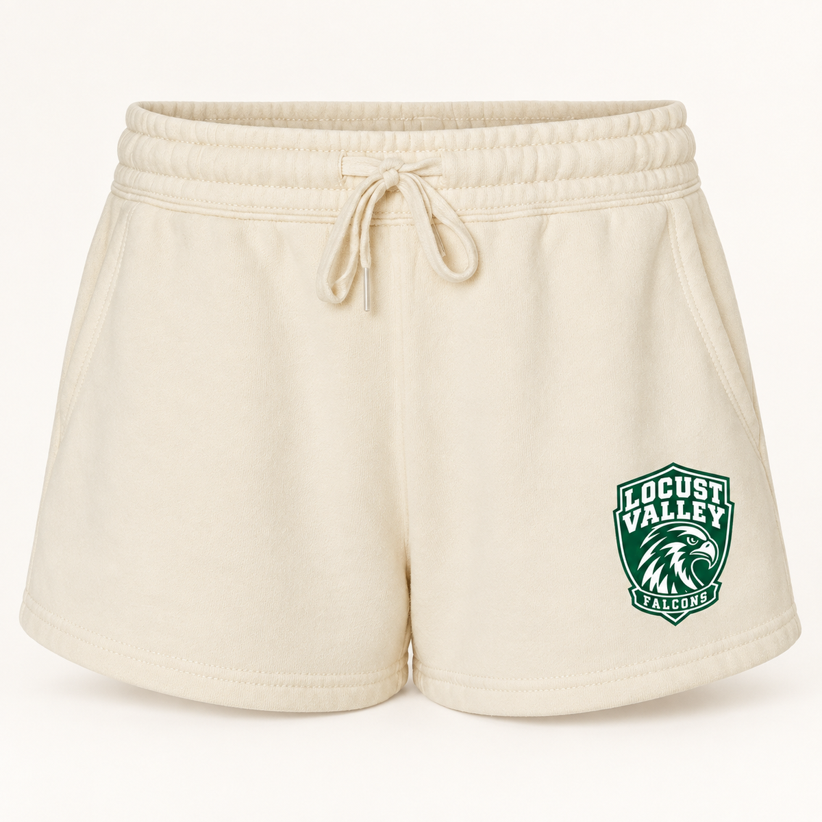 Locust Valley women's Falcon Crest fleece shorts in Bone, front view with forest-green and white left-leg crest