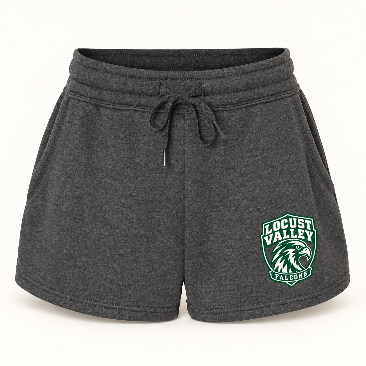 Locust Valley women's Falcon Crest fleece shorts in Shadow, front view with forest-green and white left-leg crest