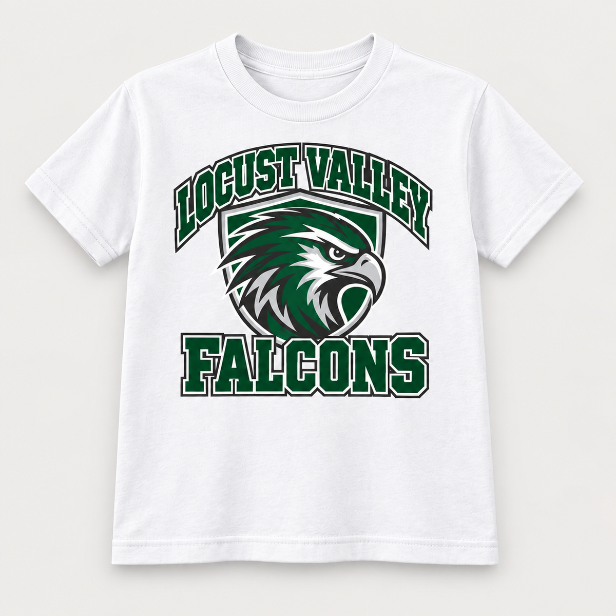 Digital mockup: White Locust Valley Youth Falcon Shield Tee, front view