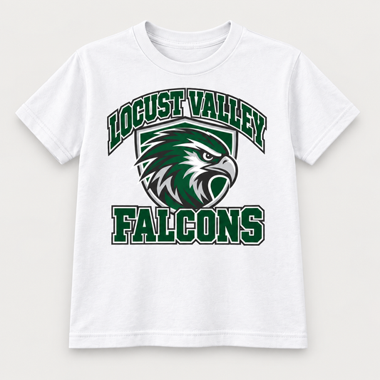 Digital mockup: White Locust Valley Youth Falcon Shield Tee, front view