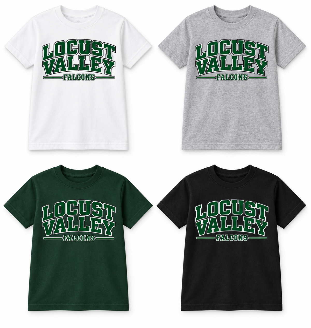 Locust Valley Youth Heritage Varsity Tee: White, Sport Grey, Forest Green, Black; front DTF print