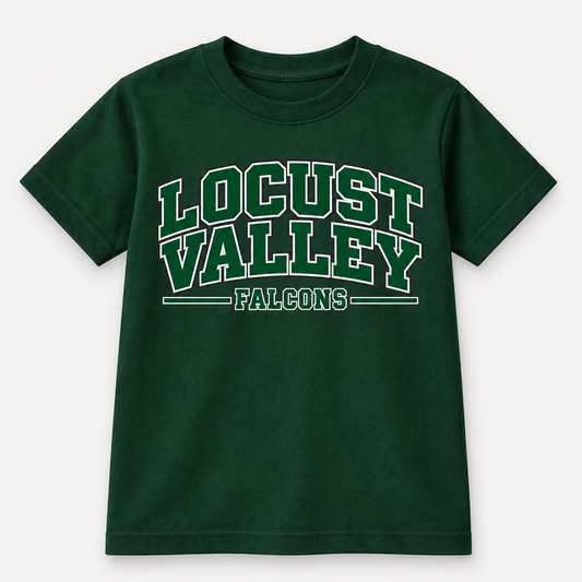 Digital mockup: Forest Green Locust Valley Youth Heritage Varsity Tee, front view