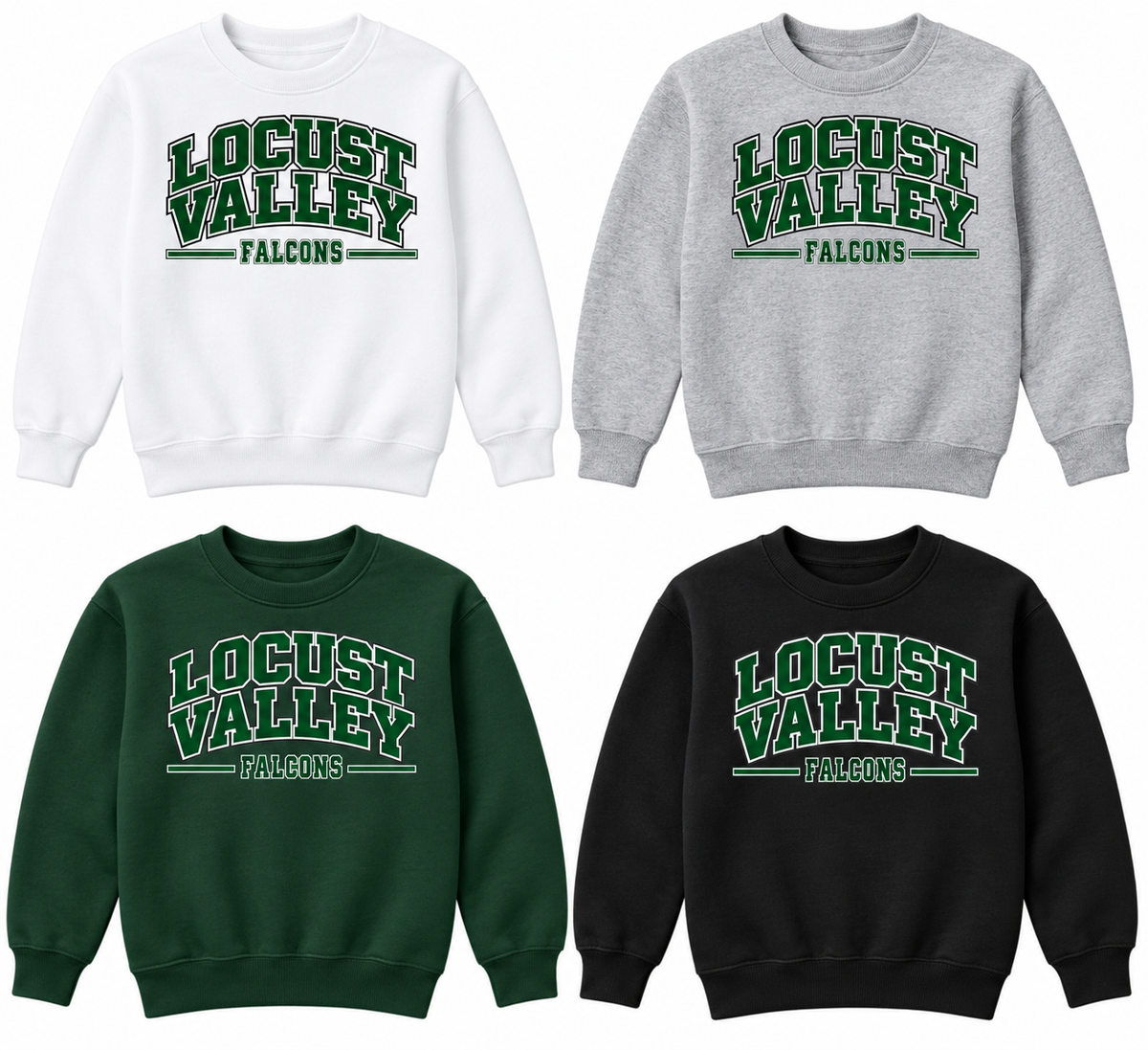 Locust Valley Youth Heritage Varsity Crewneck: White, Sport Grey, Forest, Black; front DTF print