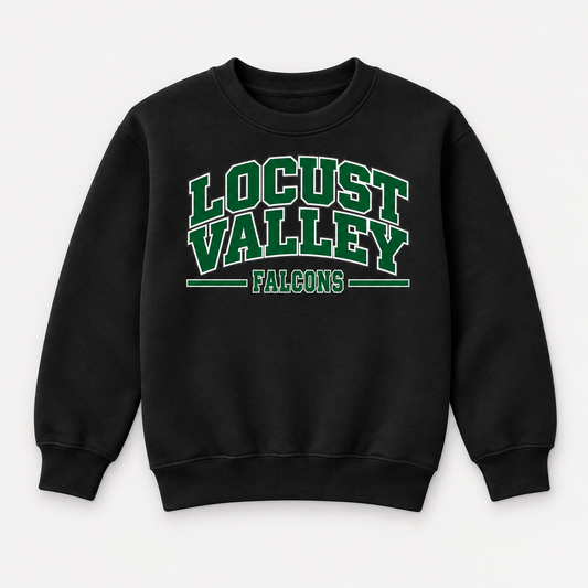 Digital mockup: Black Locust Valley Youth Heritage Varsity Crewneck, front view