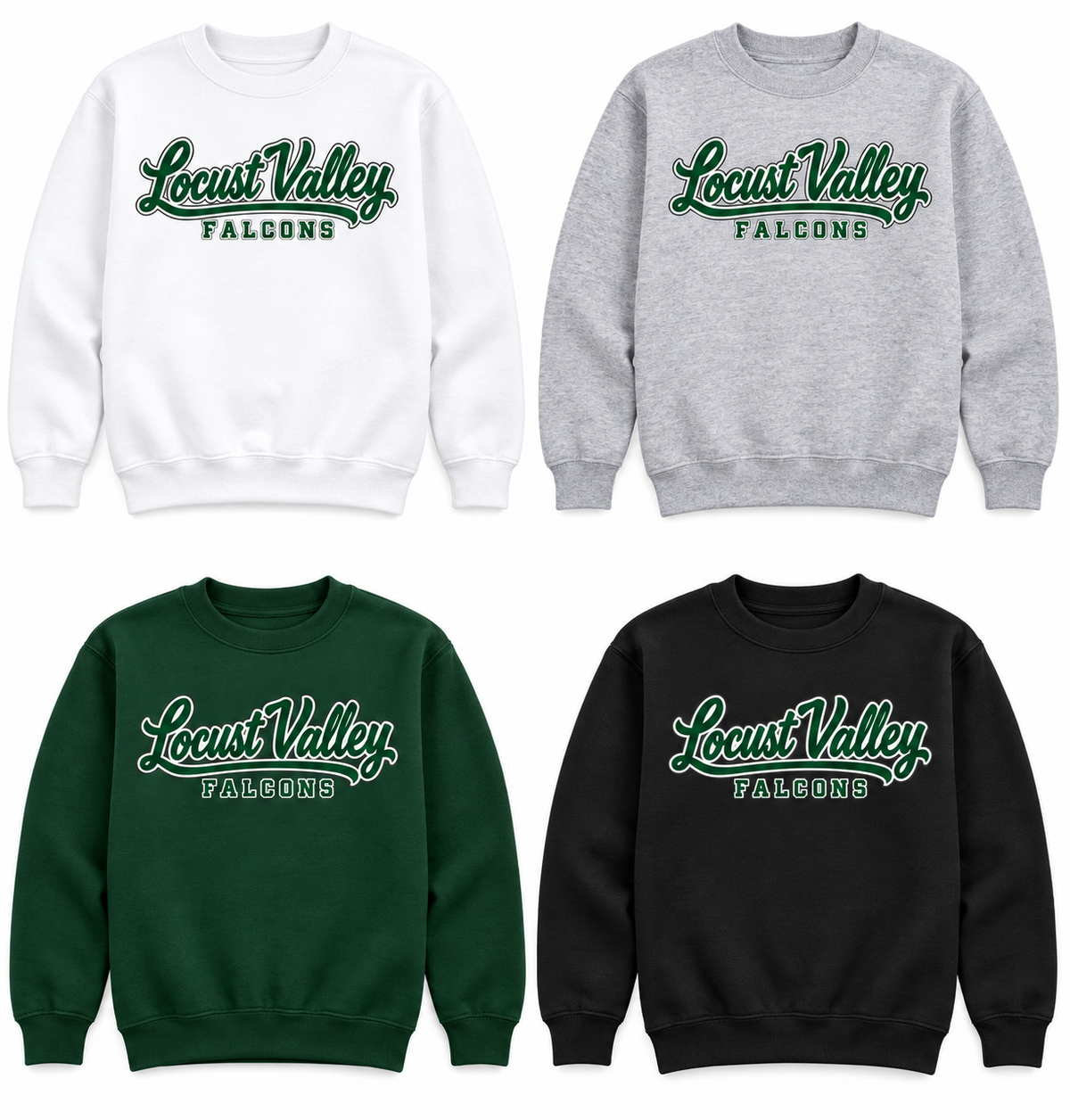 Locust Valley Youth Sideline Script Crewneck: White, Sport Grey, Forest, Black; front DTF print